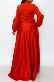 Red Casual Solid With Bow O Neck Long Sleeve Plus Size Dresses