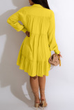Yellow Casual Solid Patchwork Buckle Fold Turndown Collar Shirt Dress Dresses