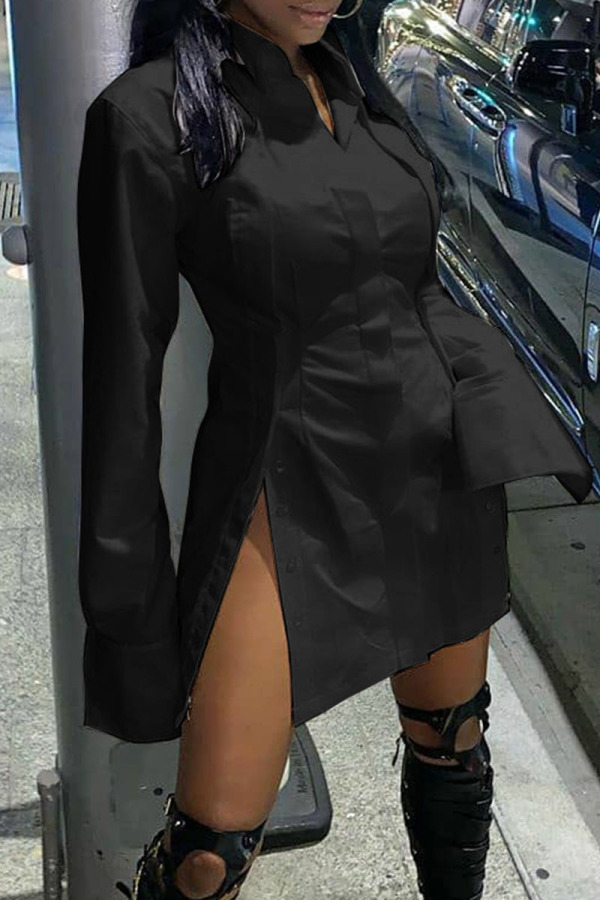 Black Sexy Solid Patchwork Buckle Slit Turndown Collar Shirt Dress Dresses