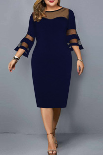 Navy Blue Casual Solid Patchwork O Neck Straight Plus Size Dresses