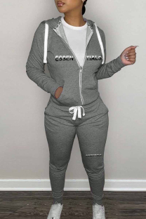 Grey Casual Print Letter Hooded Collar Long Sleeve Two Pieces