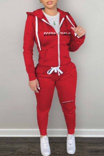 Red Casual Print Letter Hooded Collar Long Sleeve Two Pieces