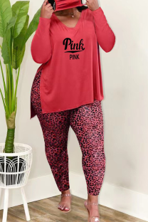Red Street Leopard Patchwork V Neck Plus Size Two Pieces