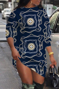 Dark Blue Casual Daily Print Patchwork O Neck Long Sleeve Dresses