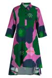 Pink Green Fashion Casual Print Patchwork Turndown Collar Shirt Dress