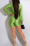 Green Yellow Sexy Solid Bandage Patchwork Fold V Neck Straight Rompers
