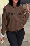 Dark Brown Casual Print Letter Hooded Collar Tops