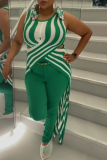 Green Casual Daily Striped Hollowed Out Tops