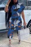 Blue Casual Camouflage Print Hollowed Out O Neck Plus Size Two Pieces