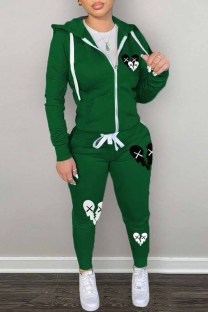 Green Casual Print Patchwork Hooded Collar Long Sleeve Two Pieces