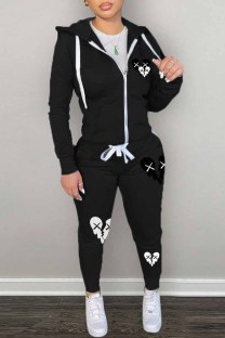 Black Casual Print Patchwork Hooded Collar Long Sleeve Two Pieces