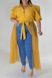 Yellow Casual Plus Size Solid Patchwork Shirt Collar Shirt Dress