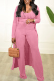 Pink Casual Solid Patchwork U Neck Long Sleeve Three-piece Set