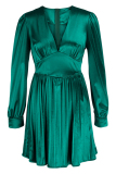 Green Casual Solid Patchwork Fold V Neck Pleated Dresses