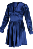 Deep Blue Casual Solid Patchwork Fold V Neck Pleated Dresses