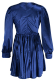 Deep Blue Casual Solid Patchwork Fold V Neck Pleated Dresses