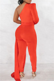 Orange Casual Solid Patchwork Asymmetrical Oblique Collar Skinny Jumpsuits