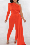 Orange Casual Solid Patchwork Asymmetrical Oblique Collar Skinny Jumpsuits