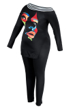 Blue Fashion Casual Print Patchwork Slit Oblique Collar Long Sleeve Two Pieces
