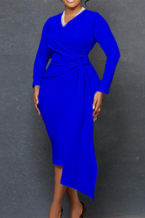 Blue Casual Solid Patchwork V Neck Long Sleeve Dresses