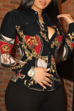 Black Red Casual Print Patchwork Turndown Collar Tops