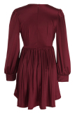 Burgundy Casual Solid Patchwork Fold V Neck Pleated Dresses