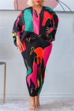 Rose Red Casual Print Patchwork V Neck Pencil Skirt Plus Size Dresses