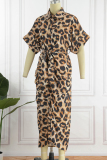 Leopard Print Fashion Casual Print Patchwork Turndown Collar Shirt Dress
