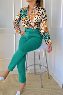 Green Casual Print Patchwork V Neck Long Sleeve Two Pieces