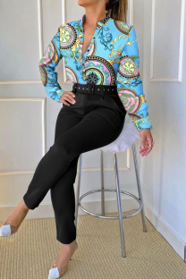 Black Casual Print Patchwork V Neck Long Sleeve Two Pieces
