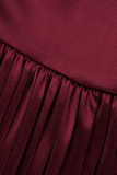 Burgundy Casual Solid Patchwork Fold V Neck Pleated Dresses