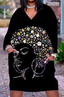 Black Casual Print Patchwork V Neck Straight Dresses