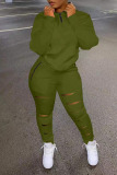 Army Green Casual Sportswear Solid Hollowed Out Patchwork Zipper Collar Long Sleeve Two Pieces