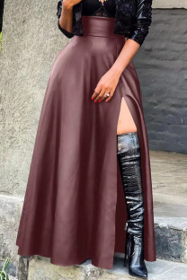 Burgundy Sexy Solid Patchwork Slit Straight High Waist Type A Solid Color Bottoms