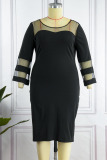 Navy Blue Casual Solid Patchwork O Neck Straight Plus Size Dresses