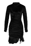 Black Sexy Casual Solid Draw String Frenulum Fold Turtleneck Long Sleeve Dresses