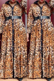 Grey Casual Print Leopard Patchwork With Belt Turndown Collar Long Sleeve Dresses