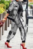 Dark Gray Fashion Casual Print Patchwork Long Sleeve Two Pieces