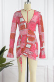 Red Sexy Casual Print Patchwork V Neck Long Sleeve Two Pieces