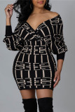 Apricot Casual Print Patchwork V Neck Long Sleeve Dresses