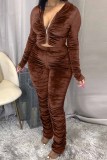 Brown Fashion Sexy Adult Pleuche Solid Fold Hooded Collar Long Sleeve Regular Sleeve Regular Two Pieces