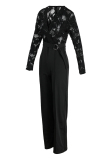 Black Fashion Casual Patchwork See-through V Neck Regular Jumpsuits