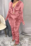 Pink Fashion Sexy Adult Pleuche Solid Fold Hooded Collar Long Sleeve Regular Sleeve Regular Two Pieces