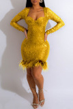 Yellow Sexy Patchwork Sequins Feathers Square Collar Long Sleeve Dresses