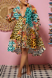 Leopard Print Fashion Casual Print Patchwork Turndown Collar Shirt Dress