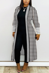 Black White Casual Daily Print Printing Cardigan Collar Plus Size Outerwear