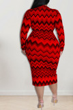 Red Fashion Casual Print Patchwork Turndown Collar Pencil Skirt Plus Size Dresses