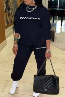Black Casual Print Letter O Neck Long Sleeve Two Pieces