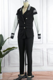 Black Casual Solid Patchwork Buttons Turn-back Collar Long Sleeve Two Pieces