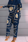 Blue White Fashion Casual Print Patchwork O Neck Long Sleeve Two Pieces